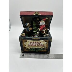 Vintage Holiday Wooden Animated Santa Scene Musical Box 3D Jingle Bell Christmas